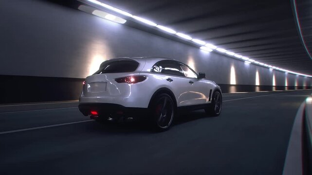 3d model white Luxury Sports Crossover Driving Through Modern Highway Tunnel. Realistic 4k animation.