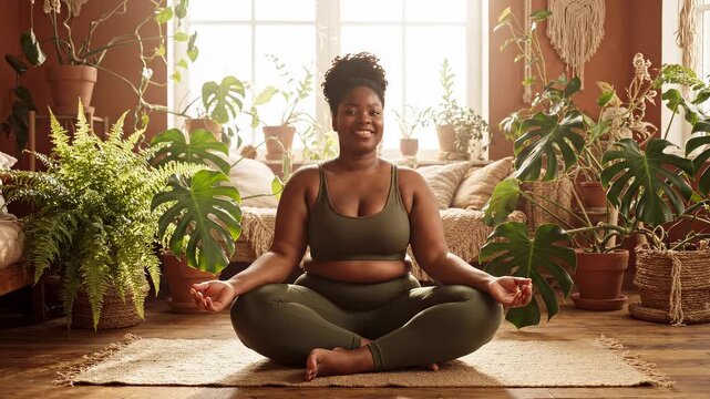 Plus-size Black woman practicing yoga and meditation in a sunlit room, stretching her arm and sitting in Sukhasana pose amidst a lush collection of indoor houseplants.