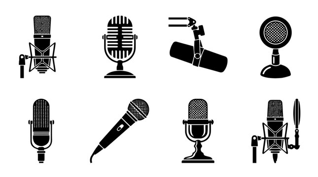 Microphone Silhouette Collection Showcasing Vintage and Modern Audio Equipment for Music, Broadcasting, and Podcast Design