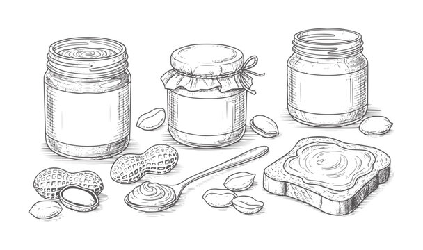 Hand drawn peanut butter jars peanuts spoon and toast