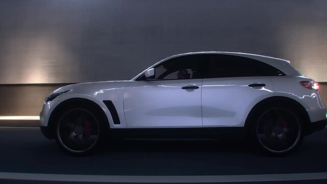 3d model white Luxury Sports Crossover Driving Through Modern Highway Tunnel. Realistic 4k animation.