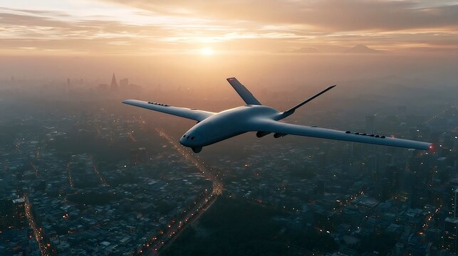 Military drone flying over city at sunset performing surveillance