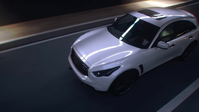 3d model white Luxury Sports Crossover Driving Through Modern Highway Tunnel. Realistic 4k animation.