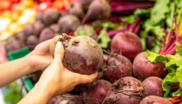 A person's hands carefully selecting fresh beetroots from a vibrant display at a market. The beets are a deep purple with leafy green tops, suggesting a healthy and natural product