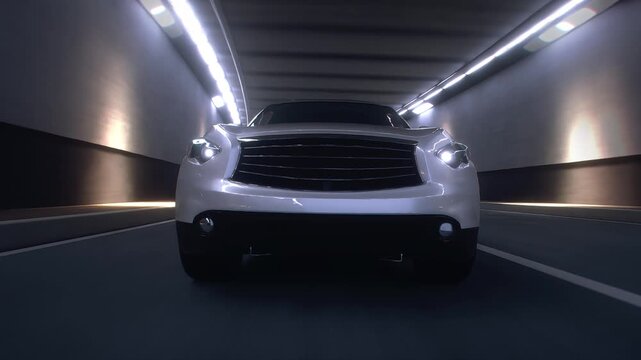 3d model white Luxury Sports Crossover Driving Through Modern Highway Tunnel. Realistic 4k animation.
