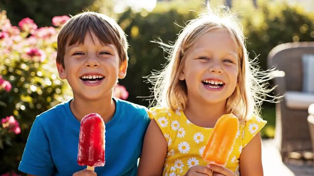 Joyful little boy and girl laughing together while holding colorful popsicles in a sunny summer garden. Happy childhood and sibling bonding concept. Refreshing sweet outdoor holiday lifestyle.