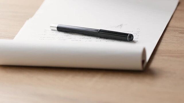 Close-up of a pen writing on a blank notebook page, capturing focus, creativity, and the timeless act of handwriting
