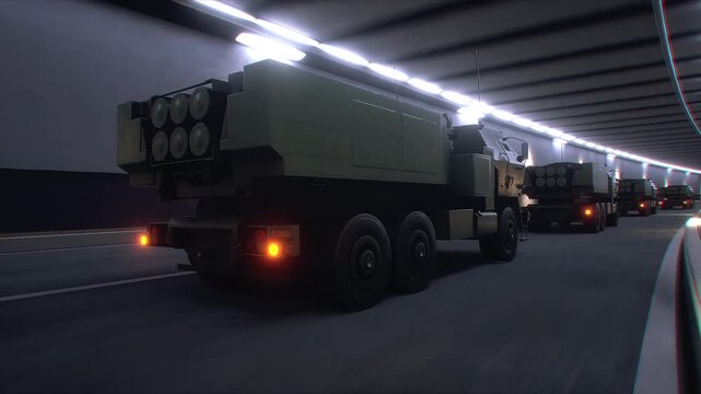 3d model Military Rocket Artillery System Transported Through Tunnel in Convoy. Realistic 4k animation.