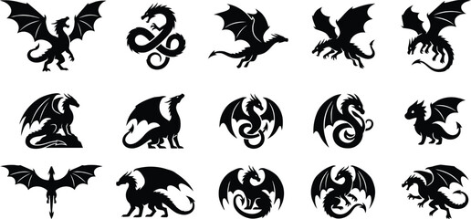 Fototapeta premium Black silhouette dragon icons depicting fantasy creatures in various poses isolated on a white background.