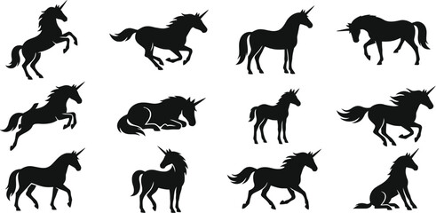 Obraz premium Black silhouette collection of mythical unicorns in various dynamic poses isolated on white background.