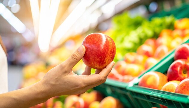 A hand holding a ripe red apple in a grocery store with a variety of fruits in the background