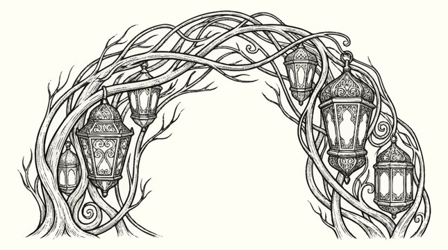 Enchanted Forest Archway with Hanging Lanterns and Twisting Branches.