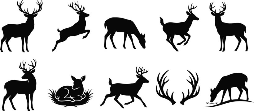 Set of deer silhouettes in various standing and running poses isolated on a plain white background.