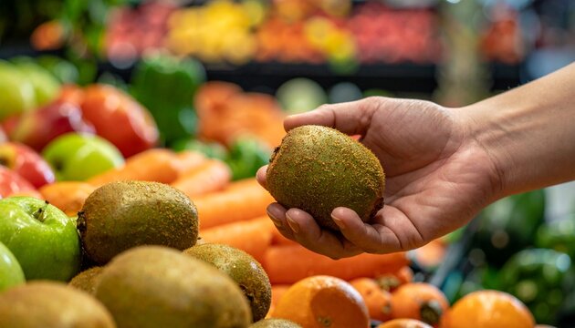 A hand is holding a kiwi fruit in a grocery store, with various fruits and vegetables in the background.