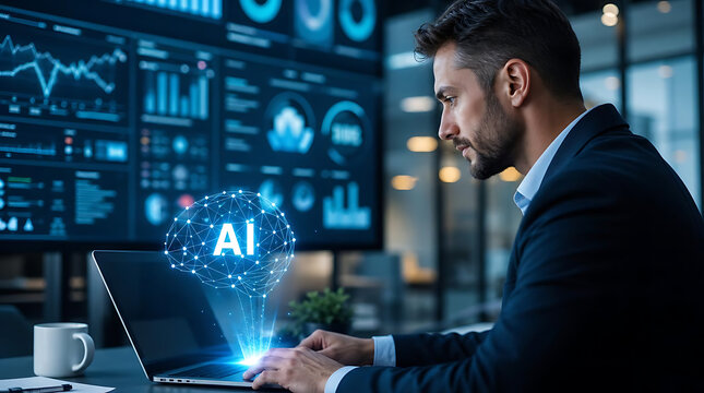 Businessman analyzing financial data with artificial intelligence visualization on laptop screen and large display