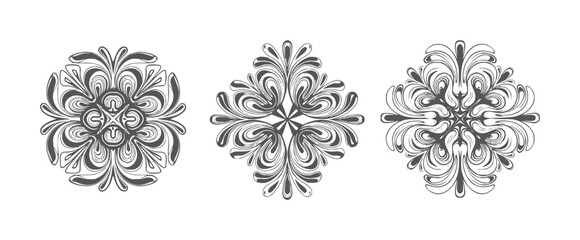 Fototapeta premium Three symmetrical dark grey floral ornaments white