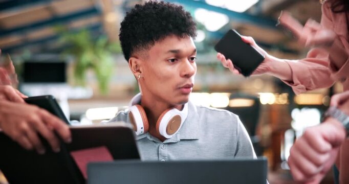 Businessman, hands or headache with anxiety in office for chaos, overwhelming tasks or work pressure. Overworked, man or demanding colleagues with migraine or stress for multitasking or deadline