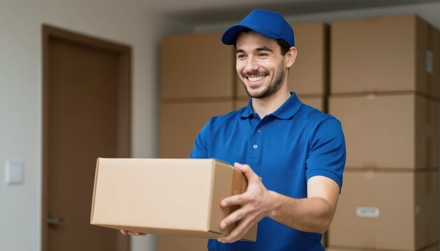 Delivery action by courier indoor setting package handling smiling environment front view e-commerce concept for seamless service