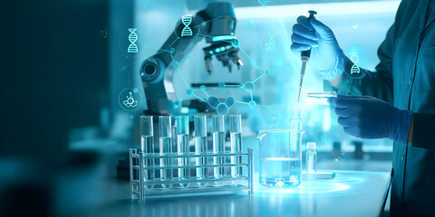 Fototapeta premium Modern science laboratory with futuristic holographic displays and equipment.