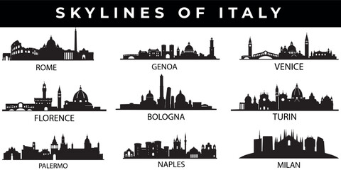 Obraz premium Collection of iconic Italian city skylines including Rome Florence Venice and Milan in a clean vector silhouette for travel and design