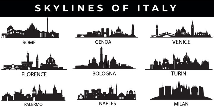Collection of iconic Italian city skylines including Rome Florence Venice and Milan in a clean vector silhouette for travel and design