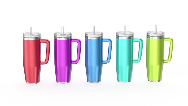 Row of five colorful insulated tumblers on white background