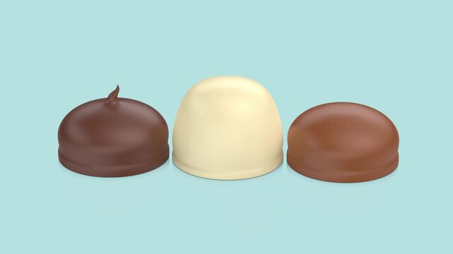 Different chocolate coated marshmallows on shiny background