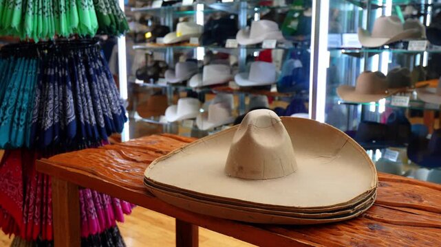 Sombrero hat blanks stacked on wooden table in hat shop. Unfinished tan felt forms with bandanas and cowboy hats in background.