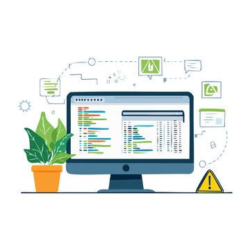 Computer screen displaying code and data with a potted plant and