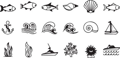 Black and white sea icons set © NasimaAktar