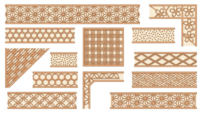 Japanese Shoji Screen Kumiko Woodwork Geometric Border Frame Vector Set with Asanoha Hemp Leaf Kagome Bamboo Yabane Arrow Kikko Tortoiseshell and Japandi Design