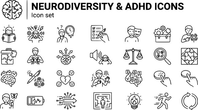 Neurodiversity ADHD Outline Icon Set Hyperfocus Sensory Overload Time Blindness Task Initiation Masking Executive Function Stimming Brain Diverge Noise Sensitivity Emotional Regulation 25 Icons 