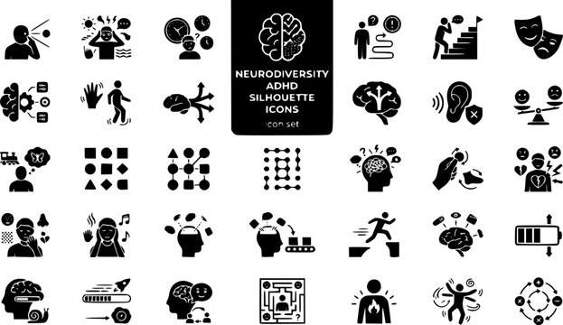 Neurodiversity ADHD Silhouette Icon Set Hyperfocus Sensory Overload Time Blindness Task Initiation Masking Executive Function Stimming Brain Diverge Noise Sensitivity 25 Icons Editable Strokes