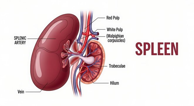 Detailed anatomical illustration of the human spleen structure.