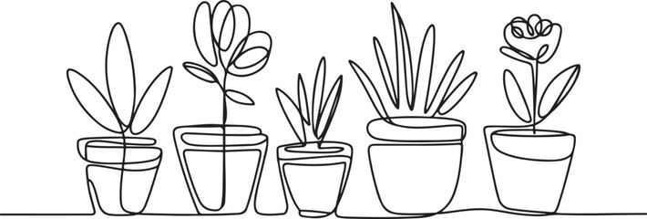 Flower pot line continuous drawing vector. One line A set of pots vector background. One line art icon drawing vector © MDROBIUL
