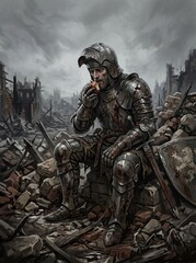Naklejka premium Warrior's Reprieve: A battle-worn knight in stained armor sits amidst the ruins of a devastated city, taking a moment of quiet contemplation as he eats a piece of food.