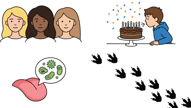Cartoon sticker set featuring diverse women friends boy blowing birthday cake candles dinosaur footprints and bacteria tongue icon
