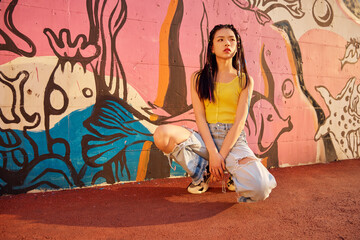Stylish young woman posing by colorful street mural © TuBichHong