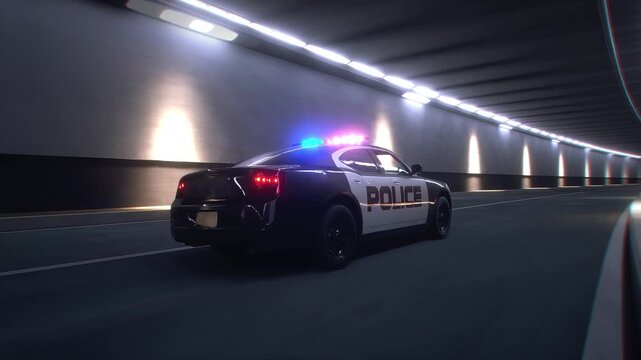 3d model Police Car Driving Through Tunnel with Flashing Lights. Realistic 4k animation