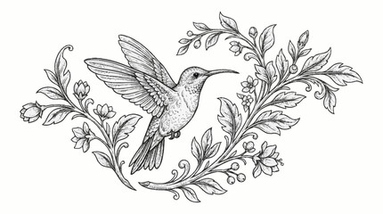 Hummingbird in flight surrounded by floral elements sketch. © azka