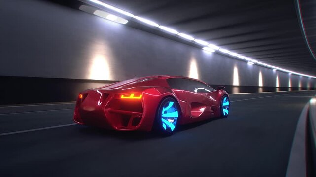 3d model Red Futuristic Sports Car Speeding Through Tunnel. Realistic 4k animation.