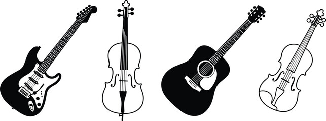 Collection of Guitar and Violin Silhouettes Featuring Electric Guitar Acoustic Guitar and String Instruments Isolated © MstRumana