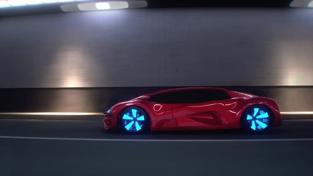 3d model Red Futuristic Sports Car Speeding Through Tunnel. Realistic 4k animation.