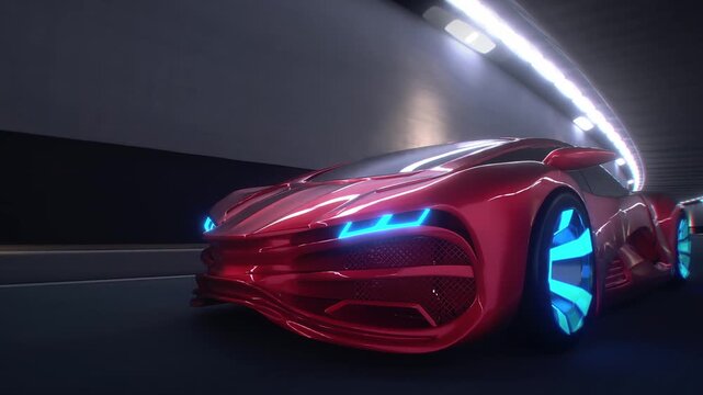 3d model Red Futuristic Sports Car Speeding Through Tunnel. Realistic 4k animation.