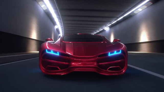 3d model Red Futuristic Sports Car Speeding Through Tunnel. Realistic 4k animation.