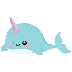 Cute cartoon narwhal with a pink unicorn horn winking © Linocut
