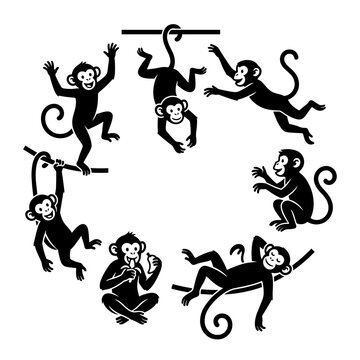 Creative and playful seven monkey silhouettes arranged in a circular pattern, symbolizing fun and agility in a black and white illustration
