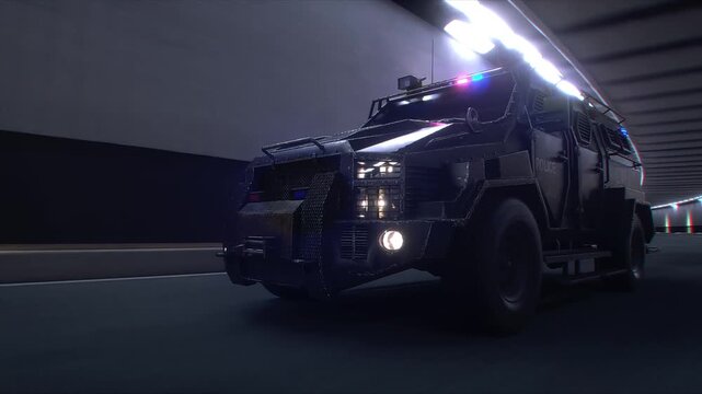 3d model swat, Police Tactical Armored Vehicle Driving Through Tunnel with Flashing Lights. Realistic 4k animation.