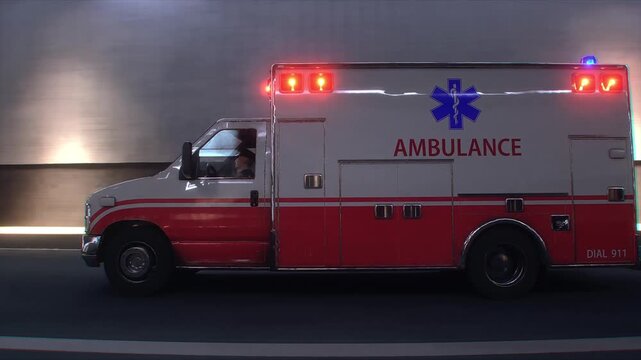 Ambulance Speeding Through Tunnel with Flashing Lights. Realistic 4k animation.