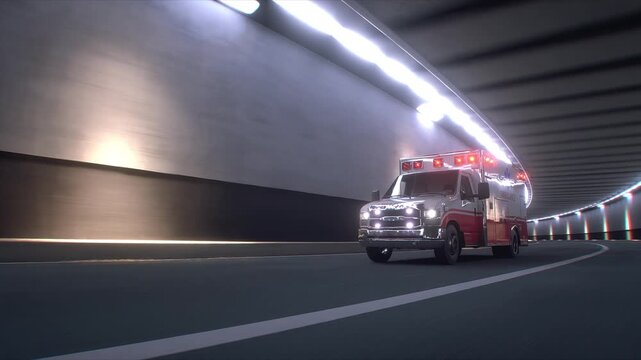 Ambulance Speeding Through Tunnel with Flashing Lights. Realistic 4k animation.